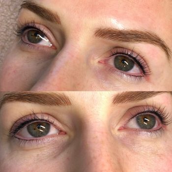 Natural eyebrow feathering in warm blond brown & upper and lower eyeliner tattoo