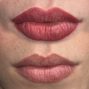 Full lip blush tattoo with burgundy red